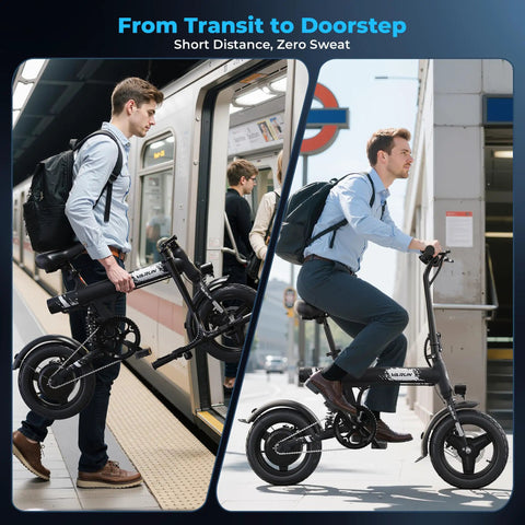 Electric Bike For Adults And Teens With A 500W Peak Motor, Lightweight Foldable Ebike, 20 MPH Top Speed, 25 Mile Range With Pedal Assist, Embedded Battery, Easy Fold Design, Ready For Commuting And Weekend Rides, shown on train platform