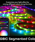 Smart LED Strip Lights RGBIC Neon Color Changing With WiFi App Control And Music Sync with app interface visible.