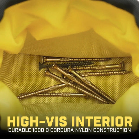 Interior view of Clip-On Tool Belt Pouch For Tools And Hardware, showing high-visibility yellow fabric with scattered screws.