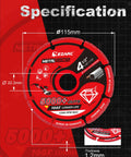 Image of the Diamond Cutting Wheel For Metal 4.5 Inch Diameter Workhorse Seven Eighths Inch Arbor Cut Off Wheel with specifications.