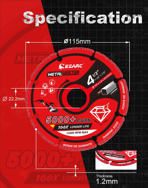Image of the Diamond Cutting Wheel For Metal 4.5 Inch Diameter Workhorse Seven Eighths Inch Arbor Cut Off Wheel with specifications.