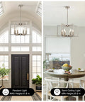 Top Tier Six Light Modern Metal Geometric Chandelier In Sleek Brushed Nickel, showcasing pendant and semi ceiling light in kitchen and entryway.