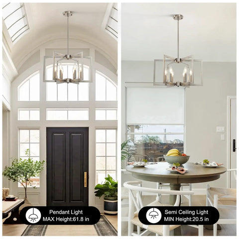 Top Tier Six Light Modern Metal Geometric Chandelier In Sleek Brushed Nickel, showcasing pendant and semi ceiling light in kitchen and entryway.