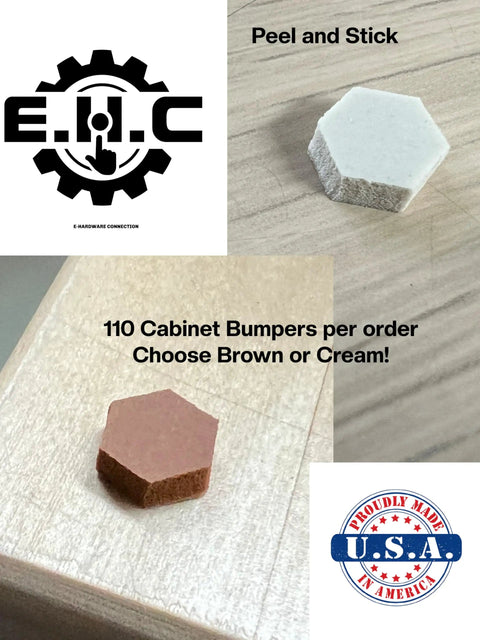 Easy Fix For Creaky Cabinets With These Tough Urethane Bumper Pads 110 Pack Peel And Stick Furniture Gliders, hexagon shape in cream and brown.