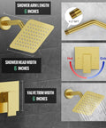 Metal Shower Faucet Complete Bathroom Wall Mounted System With 6 Inch Rainfall Shower Head Setup in Brushed Gold with valve trim