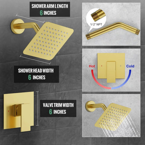 Metal Shower Faucet Complete Bathroom Wall Mounted System With 6 Inch Rainfall Shower Head Setup in Brushed Gold with valve trim