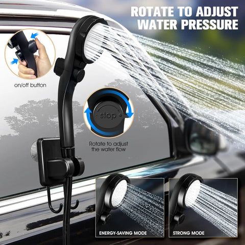 All In One Portable Shower With Heater For Camping And Hiking showing water flow control on black handheld showerhead.