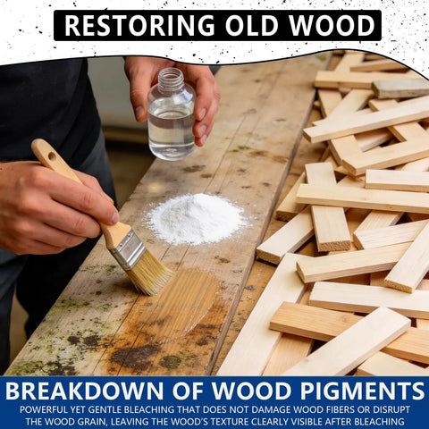 Pro Level Oxalic Acid Wood Bleach One Pound Powder Blend for restoring old wood with brush and solution on table.