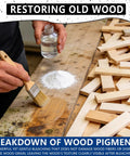Oxalic Acid Wood Bleach Powder Two Pound Tin applied on wood surface with brush, demonstrating stain removal process.