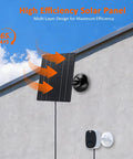 10W Solar Panel Charger For 5V Cameras With USB C, Micro USB, And DC Adapters mounted on a wall, IP66 waterproof, 360 degree adjustable.