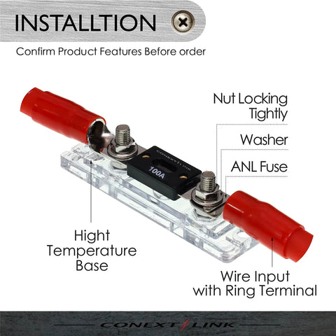 Heavy Duty Anl Inline Fuse Holder Kit For 1/0 2 4 AWG Car Wiring With Premium Nickel Contacts And Shatter Resistant Cover Built Damn Tough For Sub Bass Tweaks And Weekend Getaways Delivers Ridiculously Smooth Operation In A Sweet Five Unit Bundle Missing. Image shows a clear base with a 100A ANL fuse, red wire inputs, and mounting components.