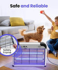 Indoor Bug Zapper With 2800V Grid, Heavy Duty Bug Buster for Flies and Mosquitoes in a family living room setting with safety frame.
