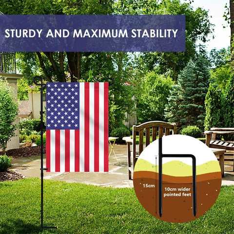 Premium Heavy Duty Garden Flag Holder Stand With Rugged All Weather Metal Flagpole And Secure Clip Included Built Tough For Windy Days And Year Round Backyard Display in garden setting with American flag.