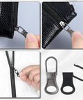 10 Pack Detachable Zipper Pull Tabs Replacement Kit In Black And Silver Gray For Jackets Jeans Backpacks Purses Luggage And More Quick Fix For Small Zipper Holes, showing installation and components.