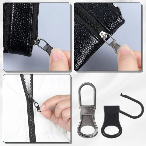 10 Pack Detachable Zipper Pull Tabs Replacement Kit In Black And Silver Gray For Jackets Jeans Backpacks Purses Luggage And More Quick Fix For Small Zipper Holes, showing installation and components.