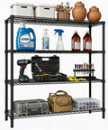 4 Tier Hella Heavy Duty Adjustable Steel Wire Storage Shelving Rack with Thickened Black Matte Finish Rust Resistant and Super Stable Load Capacity for Home Garage Organization Beast Mode Setup filled with cleaning supplies and tools.