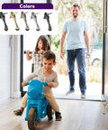 Pedal Kick Down Door Stopper Hands Free Door Hold Open Easy Step Doorstop With Height Adjustable Rubber Foot Premium Zinc Alloy Build 4 Inch Gold Finish 1 Pack Sturdy Works On Carpet Wood Cement installed on door, children playing.