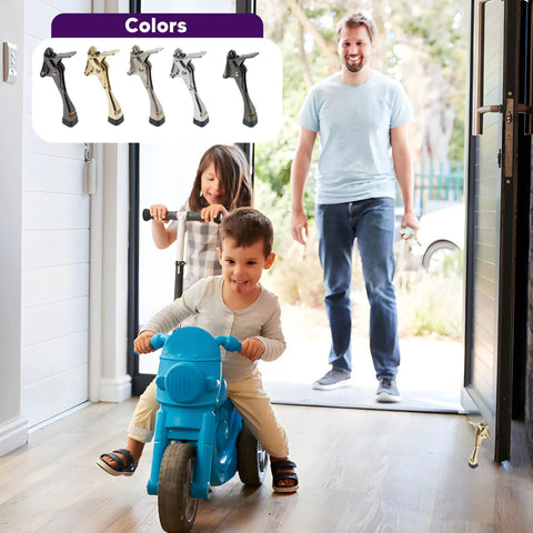 Pedal Kick Down Door Stopper Hands Free Door Hold Open Easy Step Doorstop With Height Adjustable Rubber Foot Premium Zinc Alloy Build 4 Inch Gold Finish 1 Pack Sturdy Works On Carpet Wood Cement installed on door, children playing.