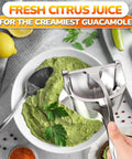 Hand Press Citrus Juicer For Lemons Limes Oranges Aluminum Alloy Ergonomic Handle Heavy Duty Manual Fruit Squeezer Easy Clean Portable Bar Tool with guacamole and lemon.