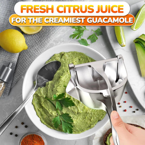 Hand Press Citrus Juicer For Lemons Limes Oranges Aluminum Alloy Ergonomic Handle Heavy Duty Manual Fruit Squeezer Easy Clean Portable Bar Tool with guacamole and lemon.