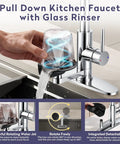 HOWUWEY Chrome Kitchen Faucet with Pull Down Sprayer & Cup Washer, user rinsing a glass with rotating jet feature.