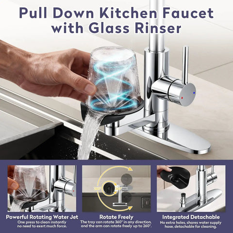 HOWUWEY Chrome Kitchen Faucet with Pull Down Sprayer & Cup Washer, user rinsing a glass with rotating jet feature.