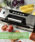 All In One Vacuum Sealer With 90Kpa Power For Dry Or Moist Food Easy Lock Handle Double Pump Built In Cutter Bags Storage 10 In 1 Functions Stainless Steel Kitchen Workhorse on counter with sealed foods