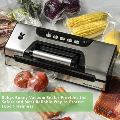 All In One Vacuum Sealer With 90Kpa Power For Dry Or Moist Food Easy Lock Handle Double Pump Built In Cutter Bags Storage 10 In 1 Functions Stainless Steel Kitchen Workhorse on counter with sealed foods