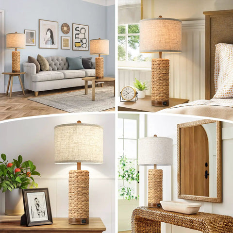 Set Of 2 Rattan Table Lamps For Living Room With USB Ports, 27 Inch Tall Rustic Seagrass Bedside Lamps For End Tables, Coastal Farmhouse Style, E26 Socket With Rotary Switch, Bulbs Not Included displayed in various room settings