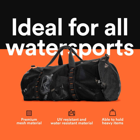 90L Large Mesh Duffle Bag For Scuba Gear Snorkel Equipment And Water Sports Adventure, displayed with mesh material