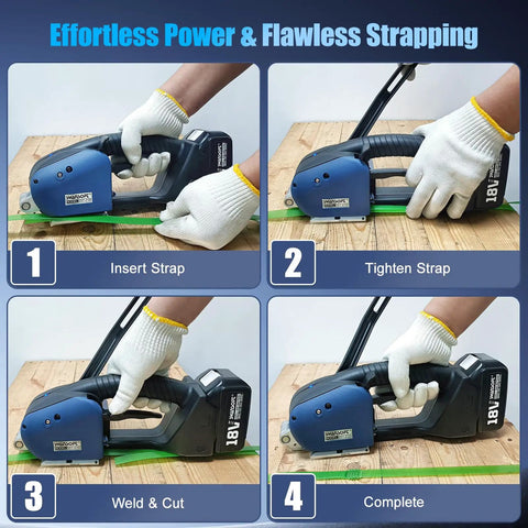 Heavy Duty Electric Strapping Tool With Dual Swappable 5000 Mah Batteries And Rapid Charge Support For Packaging 0.51 To 0.63 Inch Pp Pet Straps in use, showing strap insertion and tightening.