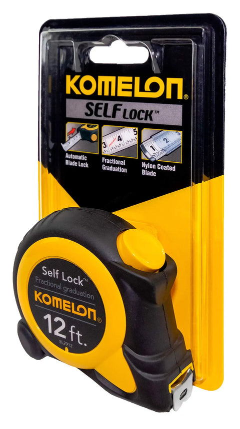 Self Lock Speed Mark Tape Measure Twelve Feet By Five Eighths Inch With Nylon Coated Blade Push Button Retract Yellow Case