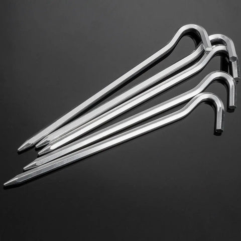 Heavy Duty Aluminum Tent Pegs Set, 12 Pack With Hooks, 7 Inch Hexagon Rod Stakes for hard ground, close-up view