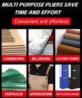 Pro Grade Grommet Kit materials including cardboard, billboard, leather fabric, tarpaulin, apron/denim, PVC plastic board