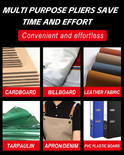 Pro Grade Grommet Kit materials including cardboard, billboard, leather fabric, tarpaulin, apron/denim, PVC plastic board