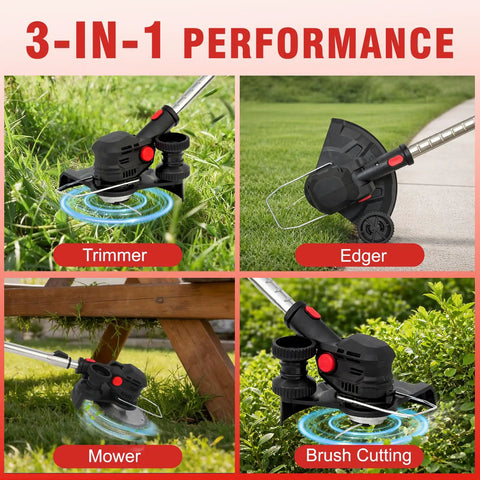 Cordless 24V Weed Wacker With Eight Inch Cutting Head Foldable 3 In 1 Trimmer Edger Mower showing trimmer edger and mower modes