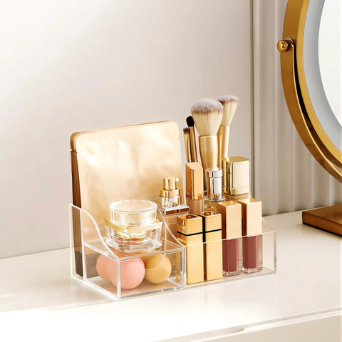 Acrylic Desk Organizer With Six Compartments, Pen And Pencil Holder, Clear Desktop Caddy For Office Supplies holding gold cosmetics