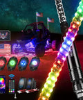 Lit 3Ft RGB LED Whip Light and Four Pack Rock Lights Kit with Bluetooth App and Remote Control for ATV UTV, vibrant colors, night display