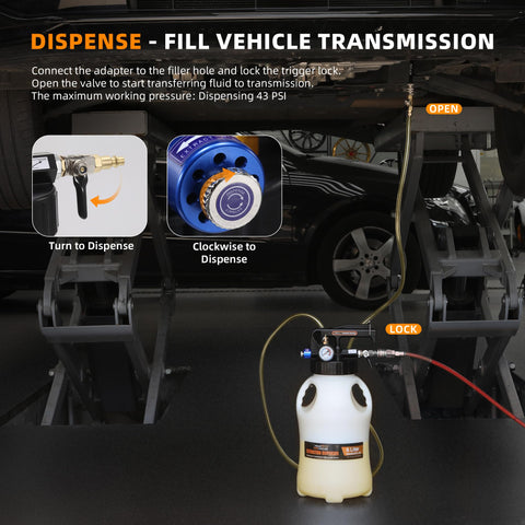 Pneumatic transmission fluid pump and dispenser kit with 2.6 gallon tank demonstrating fluid transfer in automotive setting.