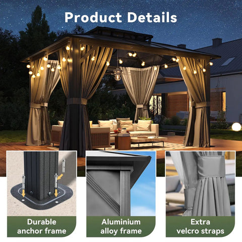 Hardtop Outdoor Gazebo 10x12 with Double Polycarbonate Roof and Aluminum Frame installed with curtains and netting.