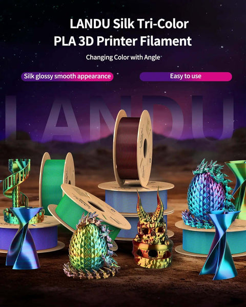 Tri Color Silk PLA Filament 1.75mm 1Kg spools with colorful 3D prints, showing red, blue, green hues and glossy finish.