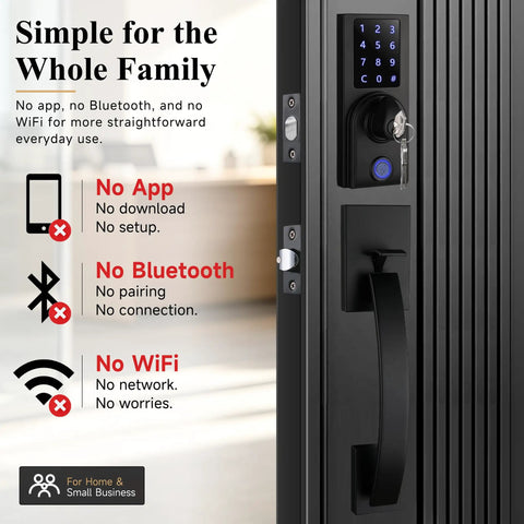 Real Deal Dual Door Smart Lock Kit With Fingerprint Reader And Touchscreen Keypad Keyless Entry For Home Security display close-up, showing keypad and black handle.