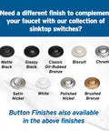 Collection of sink top switch finishes including matte black, glossy black, bronze, biscuit, chrome, satin nickel, and others.