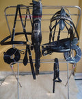 Black Leather Adjustable Horse Driving Harness for Single Horse Cart with padded girth on display stand