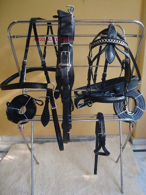 Black Leather Adjustable Horse Driving Harness for Single Horse Cart with padded girth on display stand