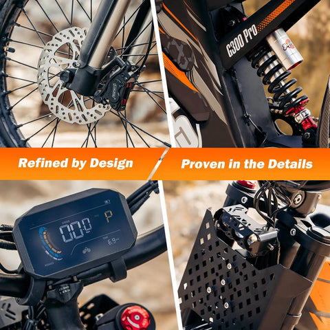 G300 Pro Electric Dirt Bike for Adults With 72V 30Ah Battery, 6500W Peak Power, hydraulic brakes, and digital display close-up