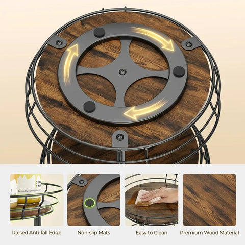 Top view of 10 Inch Lazy Susan Turntable Organizer 2 Tier Round Rotating Spice Rack with wood base and black metal frame