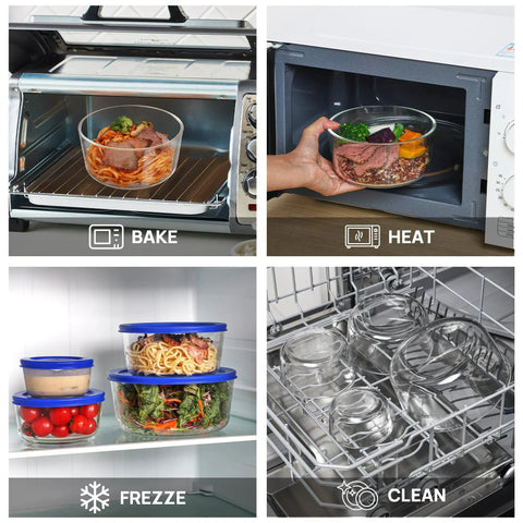 Glass Bowls Set Of Four With Lids, 1, 2, 4 And 7 Cup Sizes, in oven, microwave, fridge, and dishwasher showcases versatility.