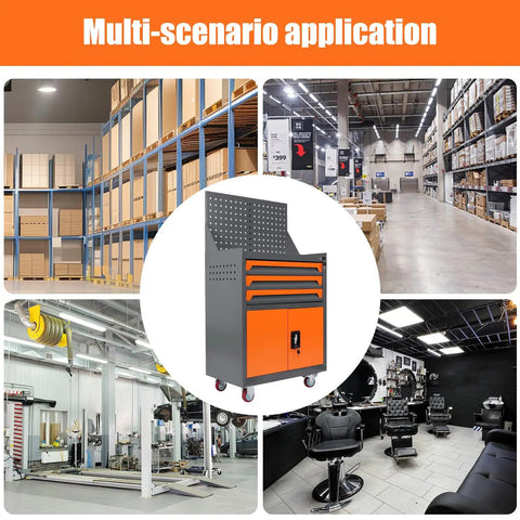 Beefy Rolling Tool Chest On Wheels For Auto Shop And Garage Built From Thick Cold Rolled Steel With Rust Resistant Finish Protective Liners In Each Compartment Spacious Top Tray Locking Casters Ideal Tool Storage Cart, gray orange, in auto shop and garage