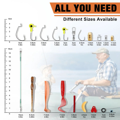 Display of hooks, weights, and soft baits sizes with fishing scene for Complete Fishing Lures Kit With Tackle Box And Included Gear For Bass Panfish Trout And More All In One Crankbaits Minnows Frogs Vibes Poppers Spinners Spoons Soft Baits Hooks And Weights.